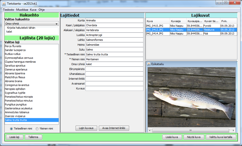 Lajitietokantaohjelma Eliön pääikkuna