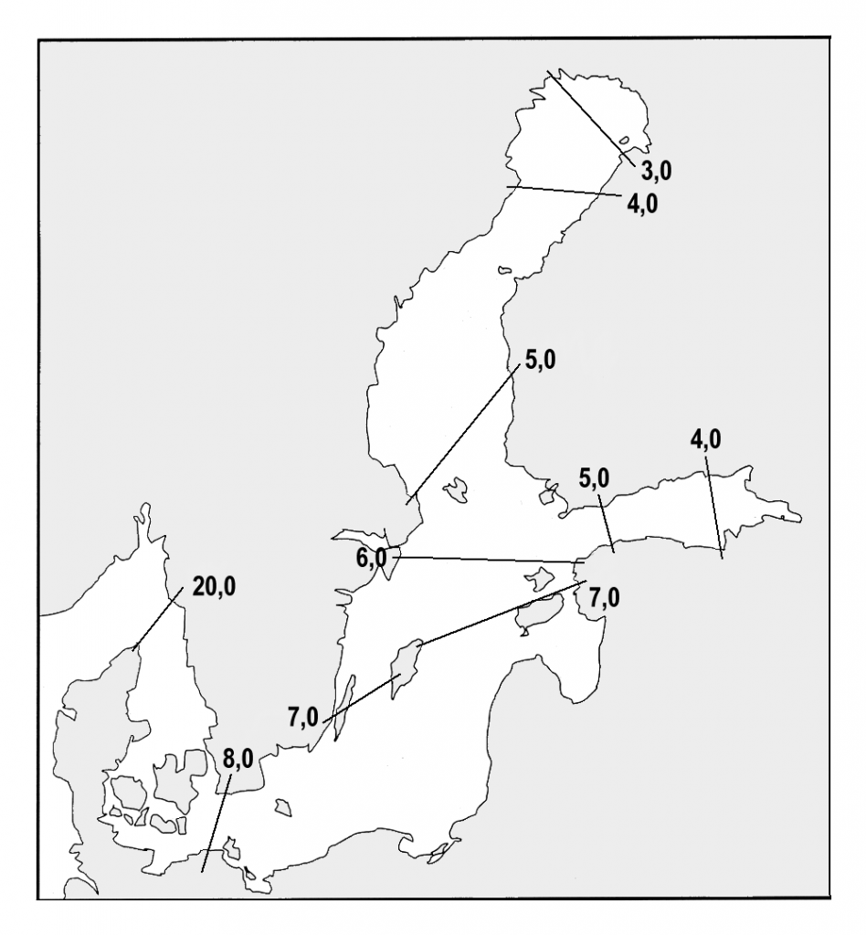 Suolapitoisuudessa (‰) tapahtuvat muutokset Tanskan salmista Suomenlahden ja Perämeren pohjukkaan.